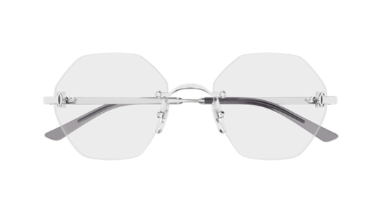 Cartier CT0593O Geometric Eyeglasses in Transparent/Silver, angle view