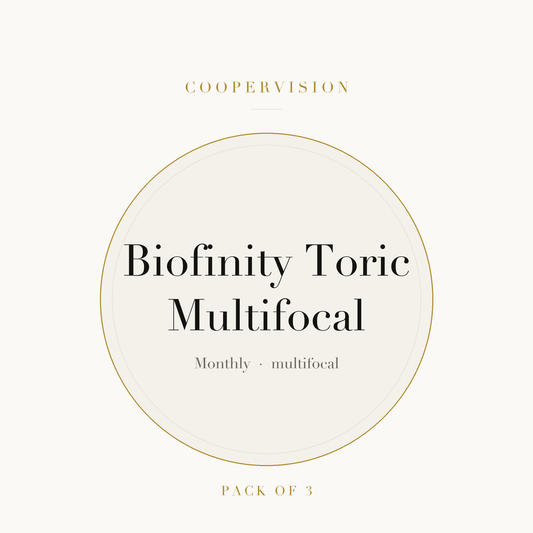 CooperVision Biofinity Toric Multifocal Contact Lenses on ivory plate
