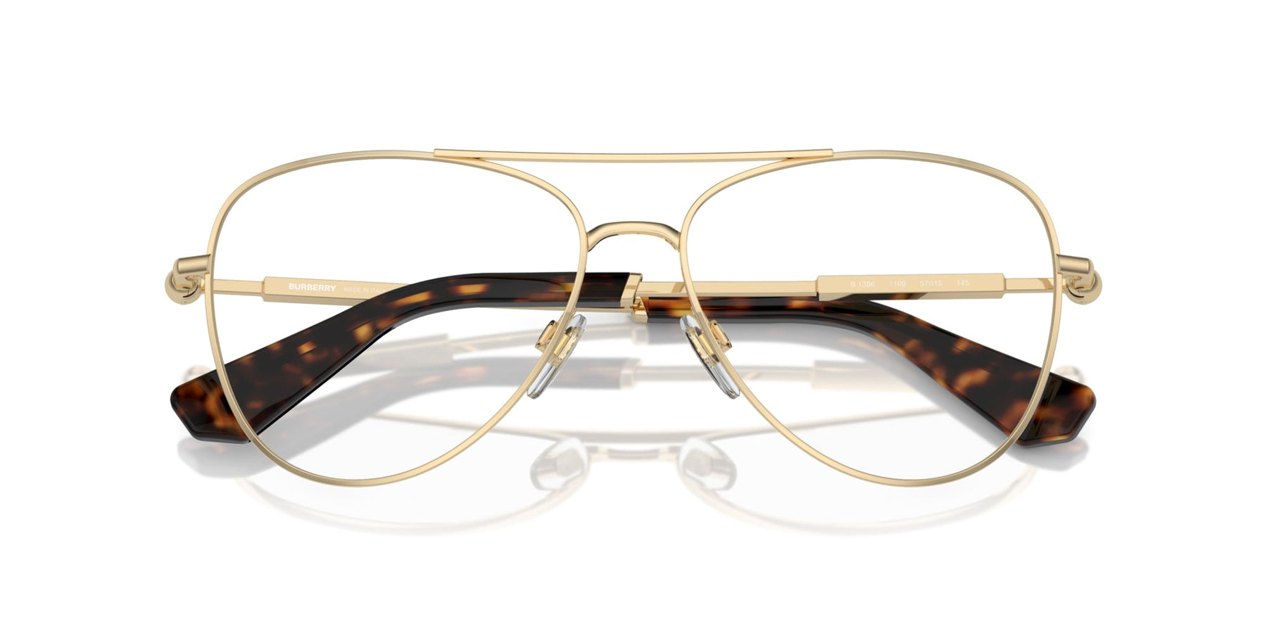 Burberry BE1386 Aviator Eyeglasses in Demo Lenses With Light Gold Frame, detail view