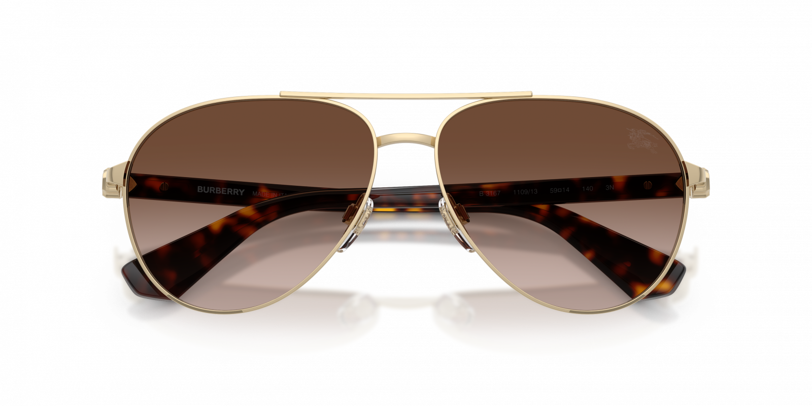Burberry BE3167 Aviator Sunglasses in Brown Gradient Lenses With Light Gold Frame, detail view