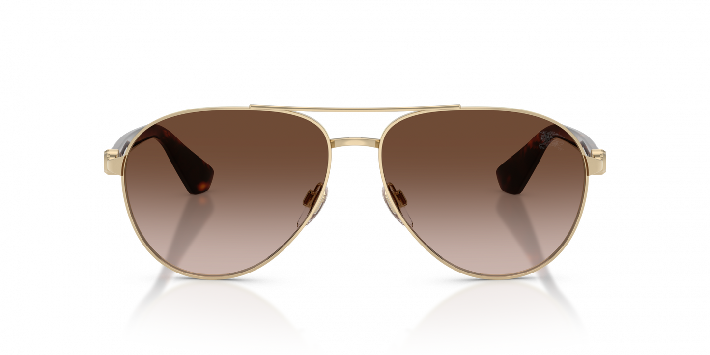 Burberry BE3167 Aviator Sunglasses in Brown Gradient Lenses With Light Gold Frame, angle view