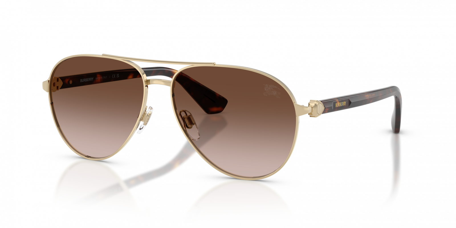 Burberry BE3167 Aviator Sunglasses in Brown Gradient Lenses With Light Gold Frame, angle view