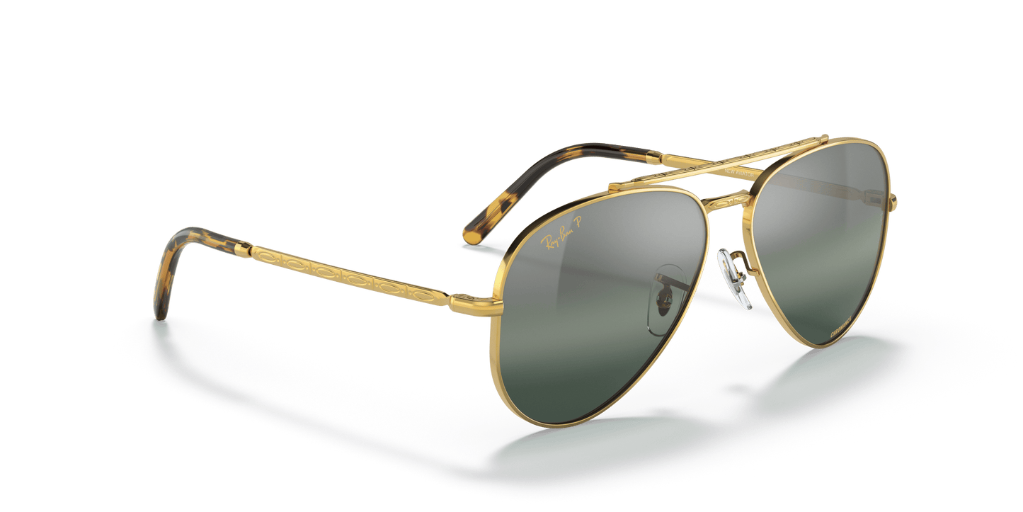 Ray-Ban RB3625 Aviator Sunglasses in Gradient Blue Lenses With Gold Frame, angle view