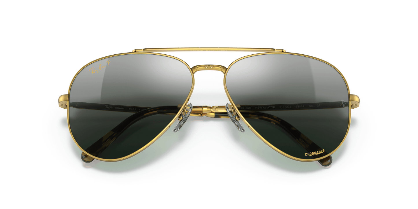 Ray-Ban RB3625 Aviator Sunglasses in Gradient Blue Lenses With Gold Frame, detail view
