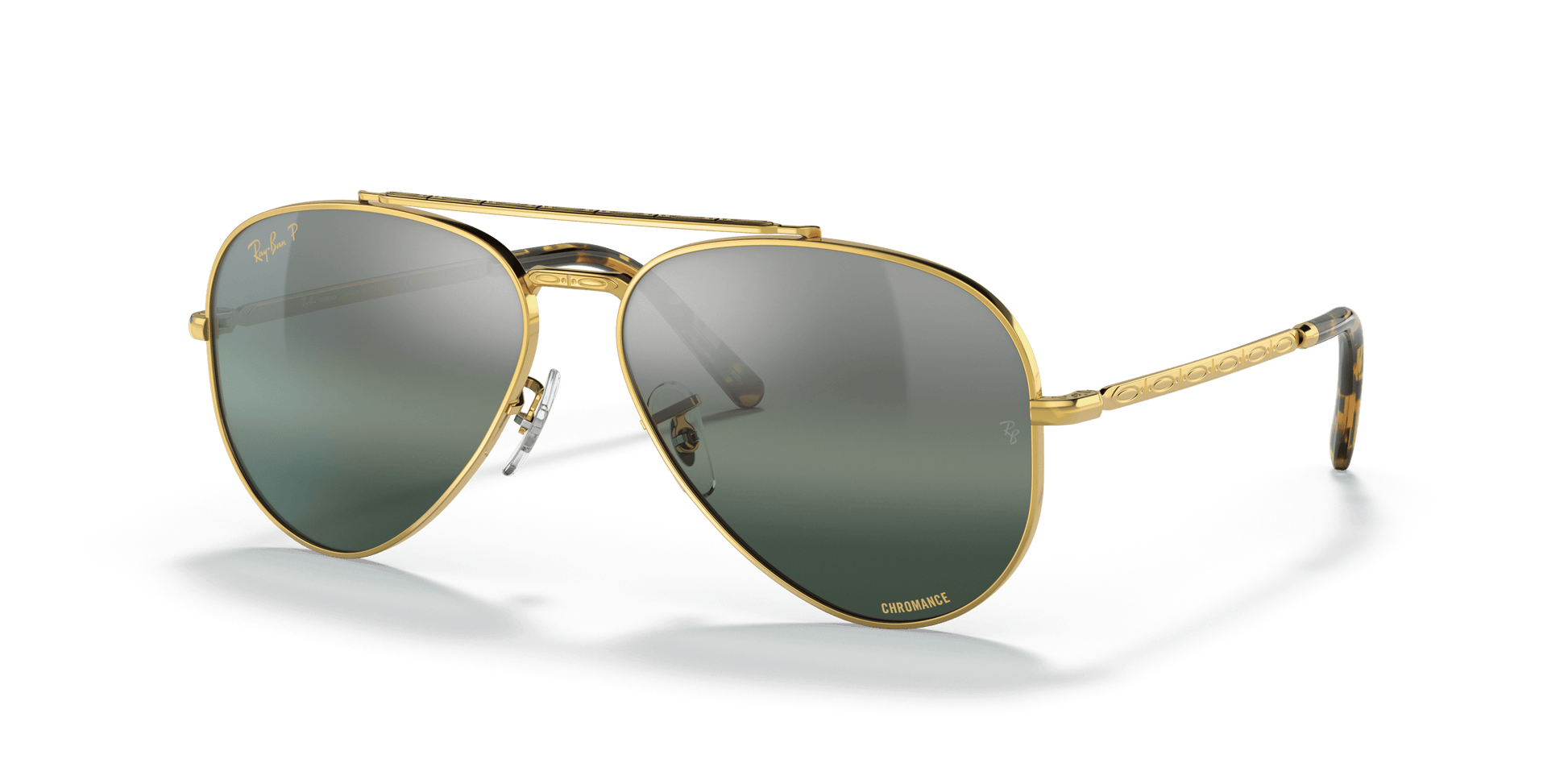 Ray-Ban RB3625 Aviator Sunglasses in Gradient Blue Lenses With Gold Frame, angle view