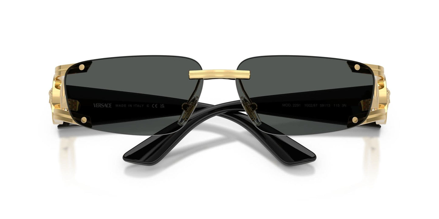 Versace VE2291/S Rectangle Sunglasses in Solid Grey Lenses With Gold Frame, detail view