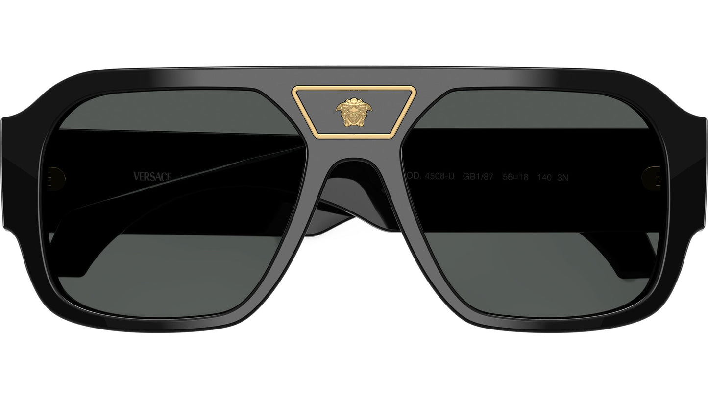 Versace VE4508U/S Square Sunglasses in Solid Grey Lenses With Black Frame, detail view