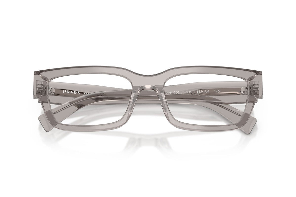 Prada PRC02V Rectangle Eyeglasses in Transparent Hematite/Grey, detail view