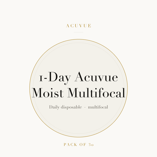 1-Day Acuvue Moist Multifocal Contact Lenses on ivory plate