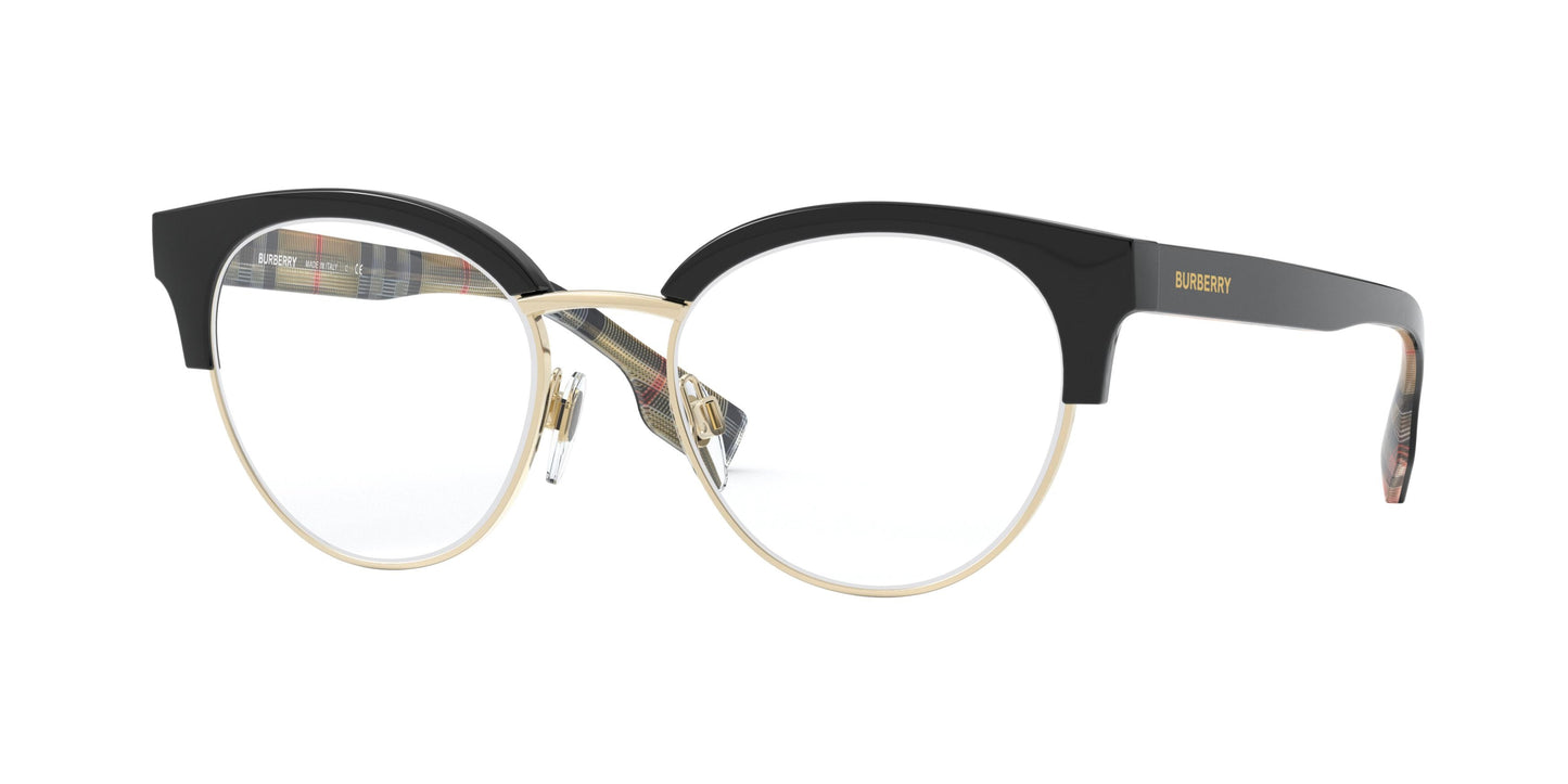 Burberry BE2316 Oval Eyeglasses in Clear Demo Lenses With Black And Pale Gold Frame, front view