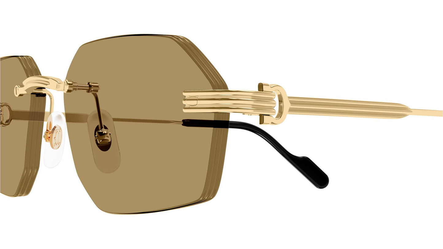 Cartier CT0616S Geometric Sunglasses in Solid Mid Brown Lenses With Gold Frame, detail view