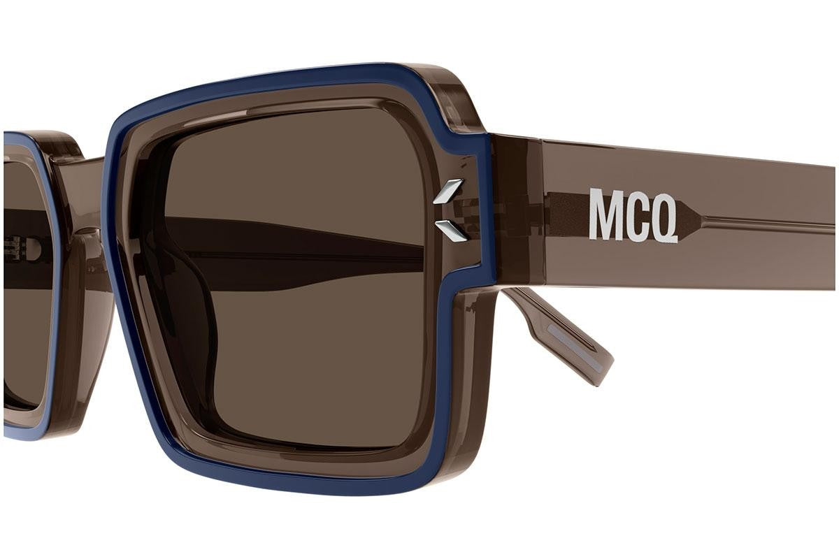 Alexander McQueen MQ0381S Rectangle Sunglasses in Solid Dark Grey Brown Lenses With Pearled Dark Blue Transparent Taupe Frame, side view