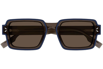 Alexander McQueen MQ0381S Rectangle Sunglasses in Solid Dark Grey Brown Lenses With Pearled Dark Blue Transparent Taupe Frame, angle view