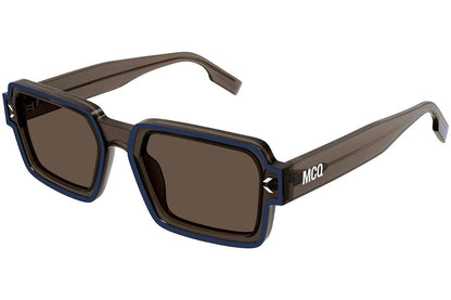 Alexander McQueen MQ0381S Rectangle Sunglasses in Solid Dark Grey Brown Lenses With Pearled Dark Blue Transparent Taupe Frame, front view