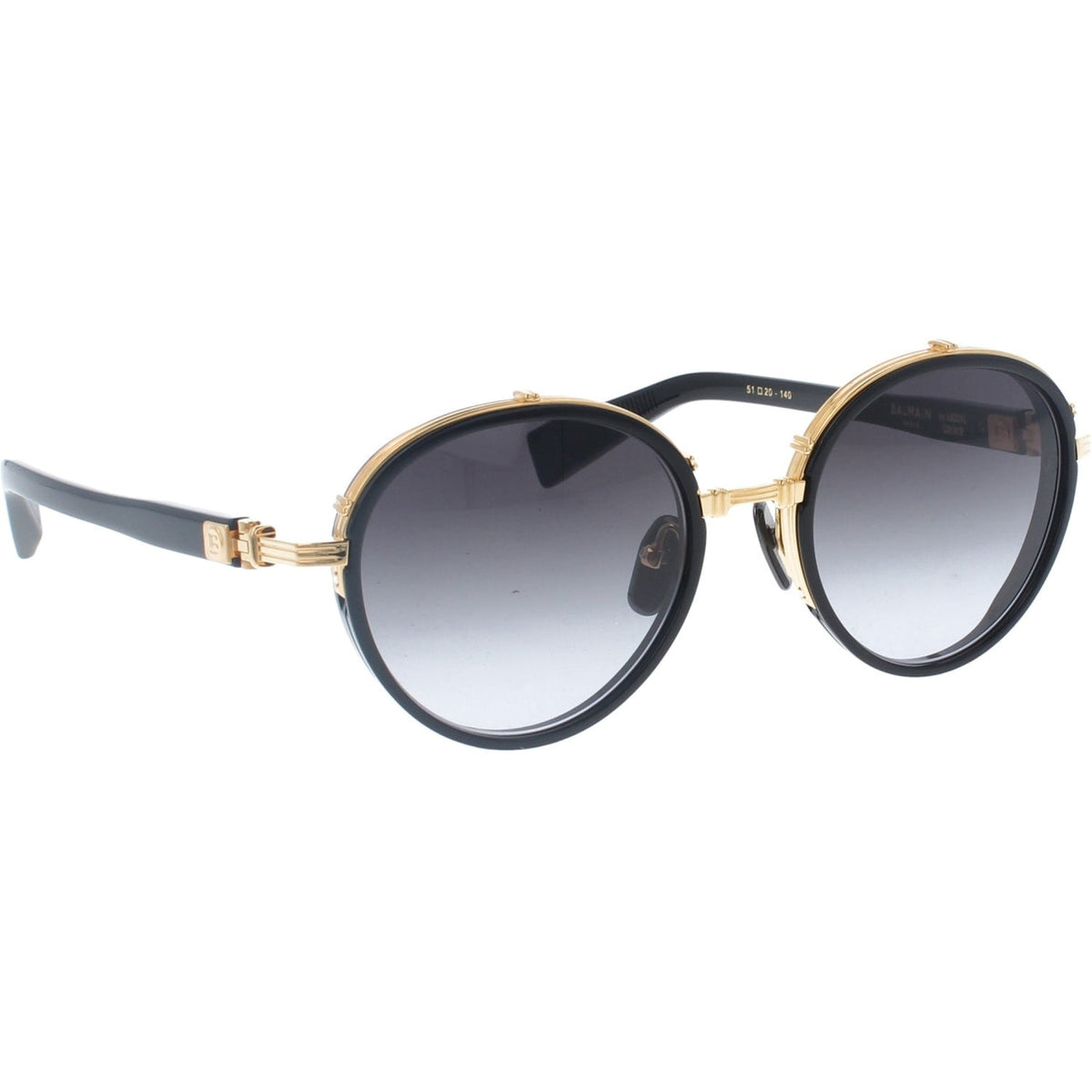 Balmain CROISSY Round Sunglasses in Grey Gradient Lenses With Black Gold Frame, angle view