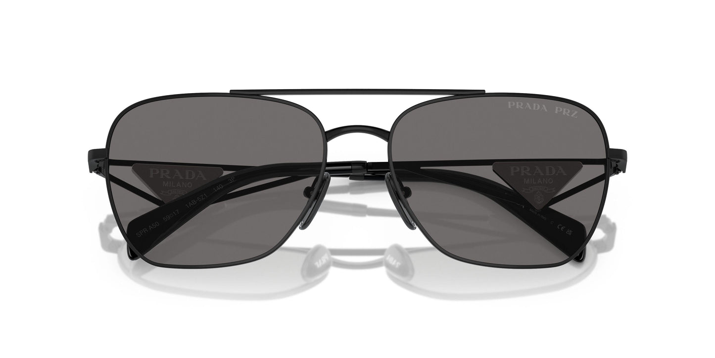 Prada PRA50S Round Sunglasses in Solid Grey Lenses With Black Frame, detail view
