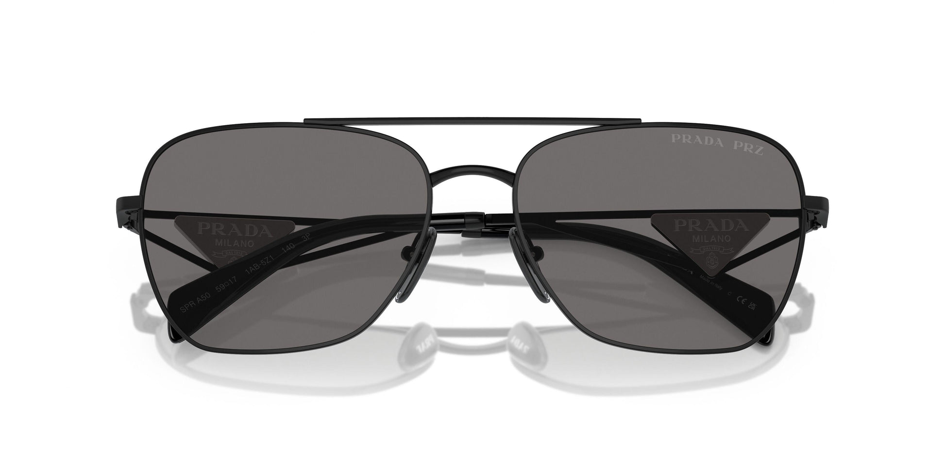Prada PRA50S Round Sunglasses in Solid Grey Lenses With Black Frame, detail view