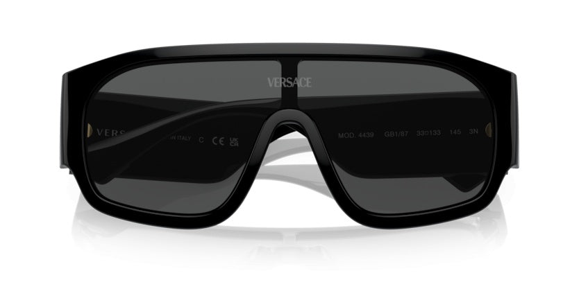 Versace VE4439S Geometric Sunglasses in Solid Dark Grey Lenses With Black Frame, angle view