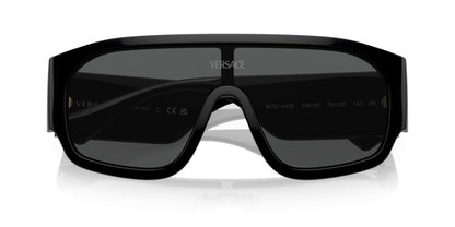 Versace VE4439S Geometric Sunglasses in Solid Dark Grey Lenses With Black Frame, angle view