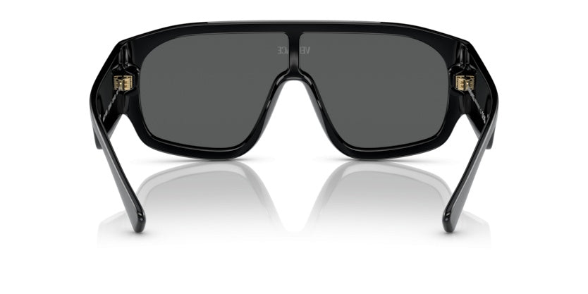 Versace VE4439S Geometric Sunglasses in Solid Dark Grey Lenses With Black Frame, detail view