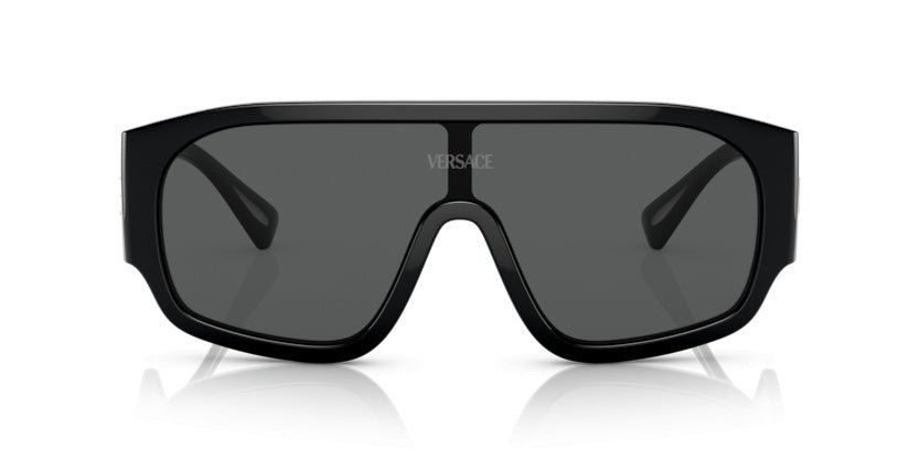 Versace VE4439S Geometric Sunglasses in Solid Dark Grey Lenses With Black Frame, side view