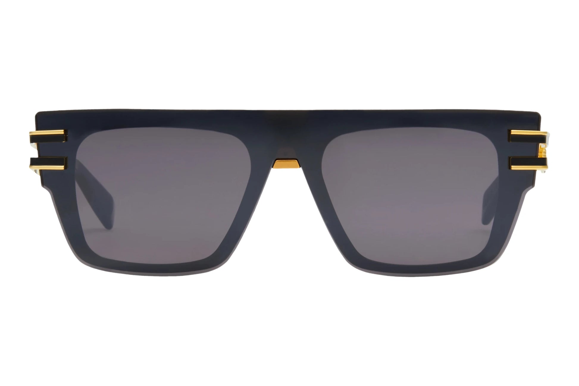 Balmain SOLDAT Rectangle Sunglasses in Dark Grey Black Flash Mirror Lenses With Black Gold Frame, front view