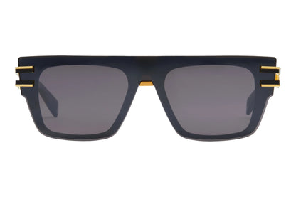 Balmain SOLDAT Rectangle Sunglasses in Dark Grey Black Flash Mirror Lenses With Black Gold Frame, front view