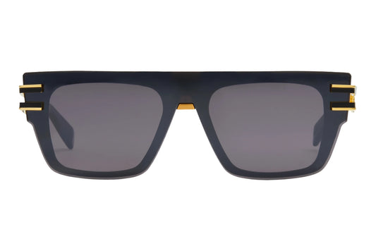 Balmain SOLDAT Rectangle Sunglasses in Dark Grey Black Flash Mirror Lenses With Black Gold Frame, front view