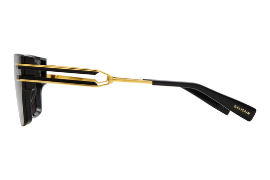 Balmain SOLDAT Rectangle Sunglasses in Dark Grey Black Flash Mirror Lenses With Black Gold Frame, side view