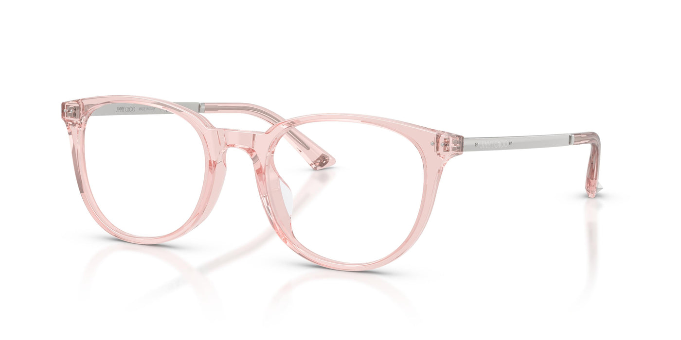Jimmy Choo JC3055 Oval Eyeglasses in Transparent Pink, angle view