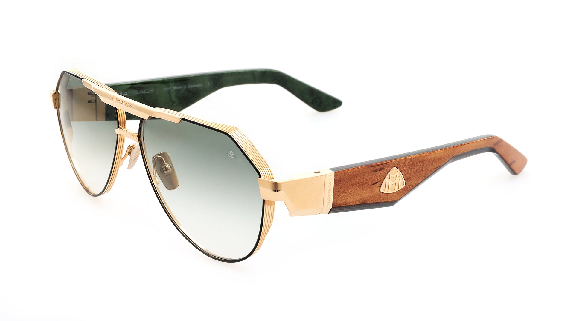 Maybach THE KING III Aviator Sunglasses in Green Gradient Mellow Gold Black Lacquer, angle view