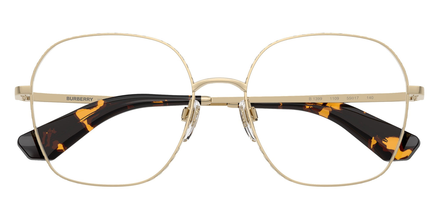Burberry BE1399 Square Eyeglasses in Clear Demo Lenses With Light Gold Frame And Havana Temples, front view