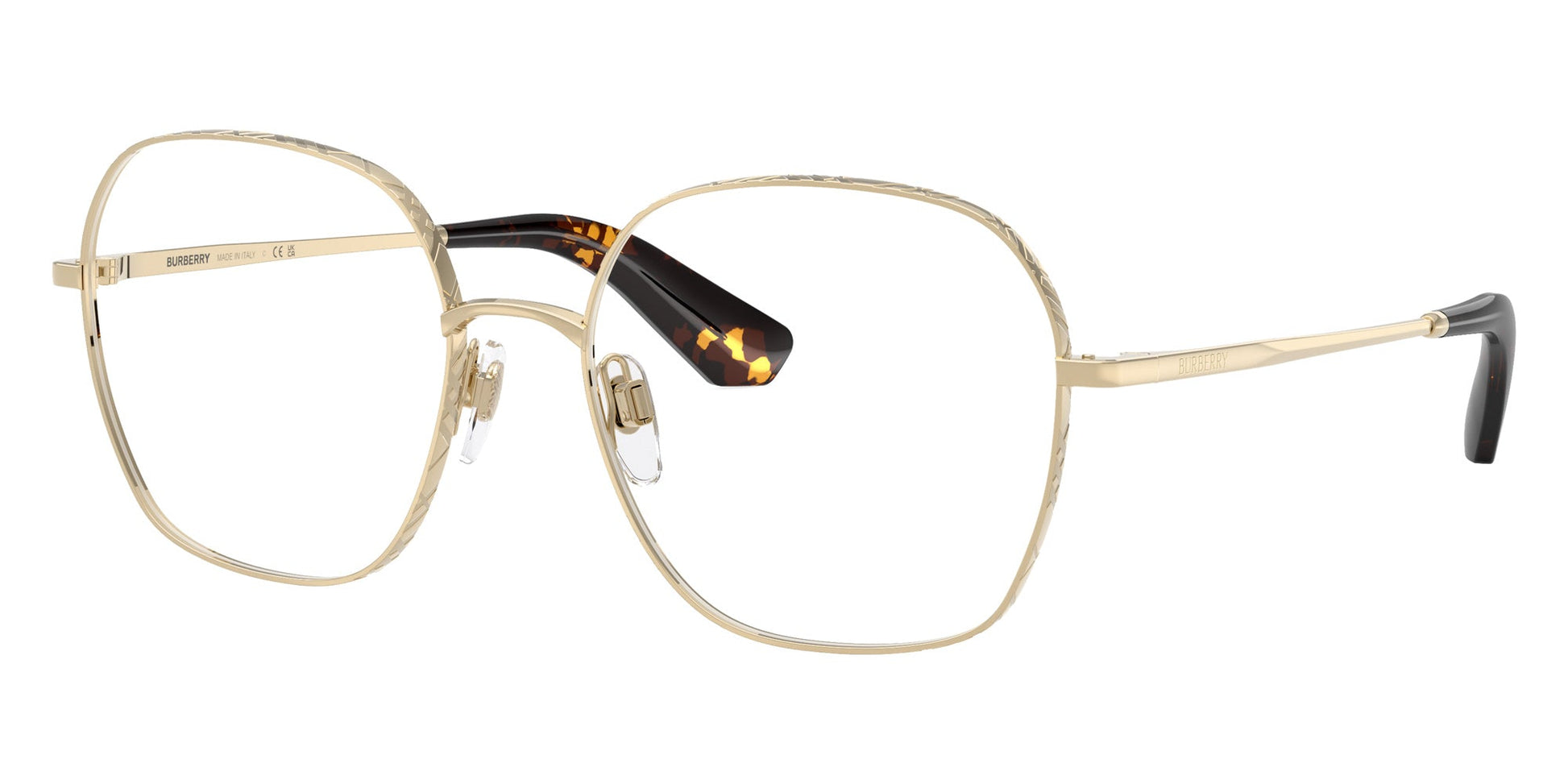 Burberry BE1399 Square Eyeglasses in Clear Demo Lenses With Light Gold Frame And Havana Temples, angle view