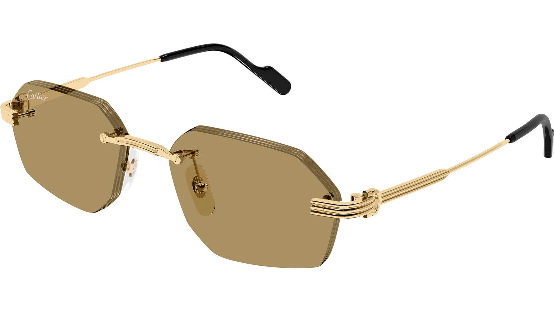 Cartier CT0616S Geometric Sunglasses in Solid Mid Brown Lenses With Gold Frame, angle view