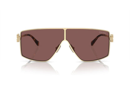 Miu Miu MU51ZS Geometric Sunglasses in Brown Silver Internal Purple Mirror Pale Gold, back view
