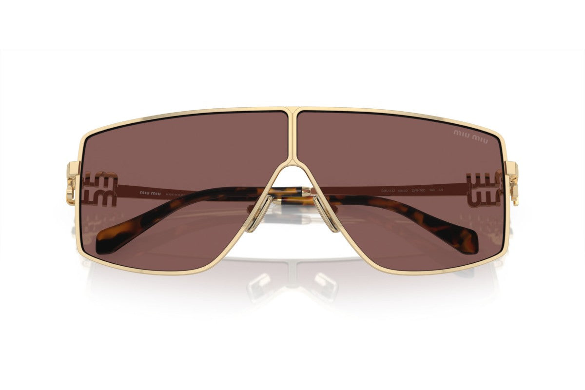 Miu Miu MU51ZS Geometric Sunglasses in Brown Silver Internal Purple Mirror Pale Gold, detail view
