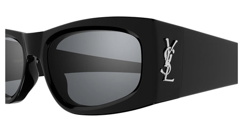 Saint Laurent SLM140 Square Sunglasses in Grey Silver Flash Mirror / Shiny Black, angle view