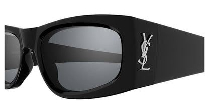 Saint Laurent SLM140 Square Sunglasses in Grey Silver Flash Mirror / Shiny Black, angle view